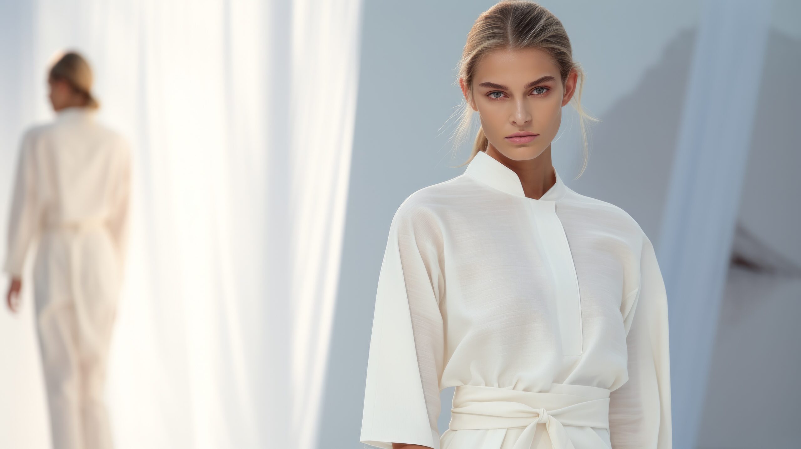 A minimalistic Fashion Show on the catwalk with beautiful models wearing white designer clothes from the new collection.